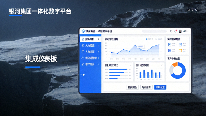 银河集团一体化数字平台操作界面示意图 - 显示多个业务模块的集成仪表盘