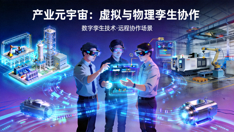 产业元宇宙概念图 - 虚拟工厂与物理世界数字孪生同步运行，工程师通过AR设备进行远程协作